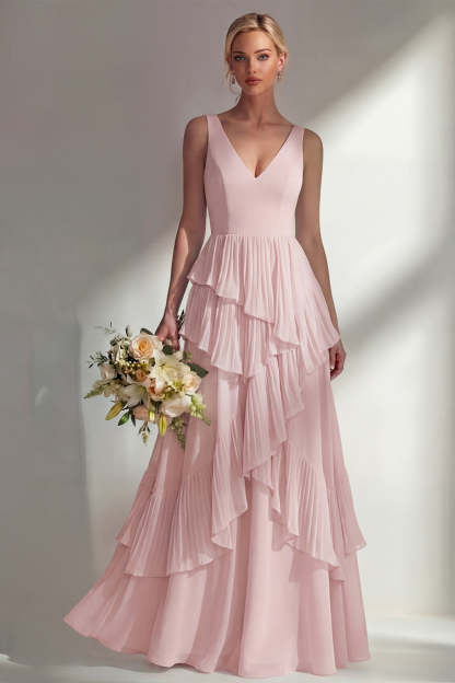 Sea Glass V Neck Ruffled Sleeveless Long Bridesmaid Dress