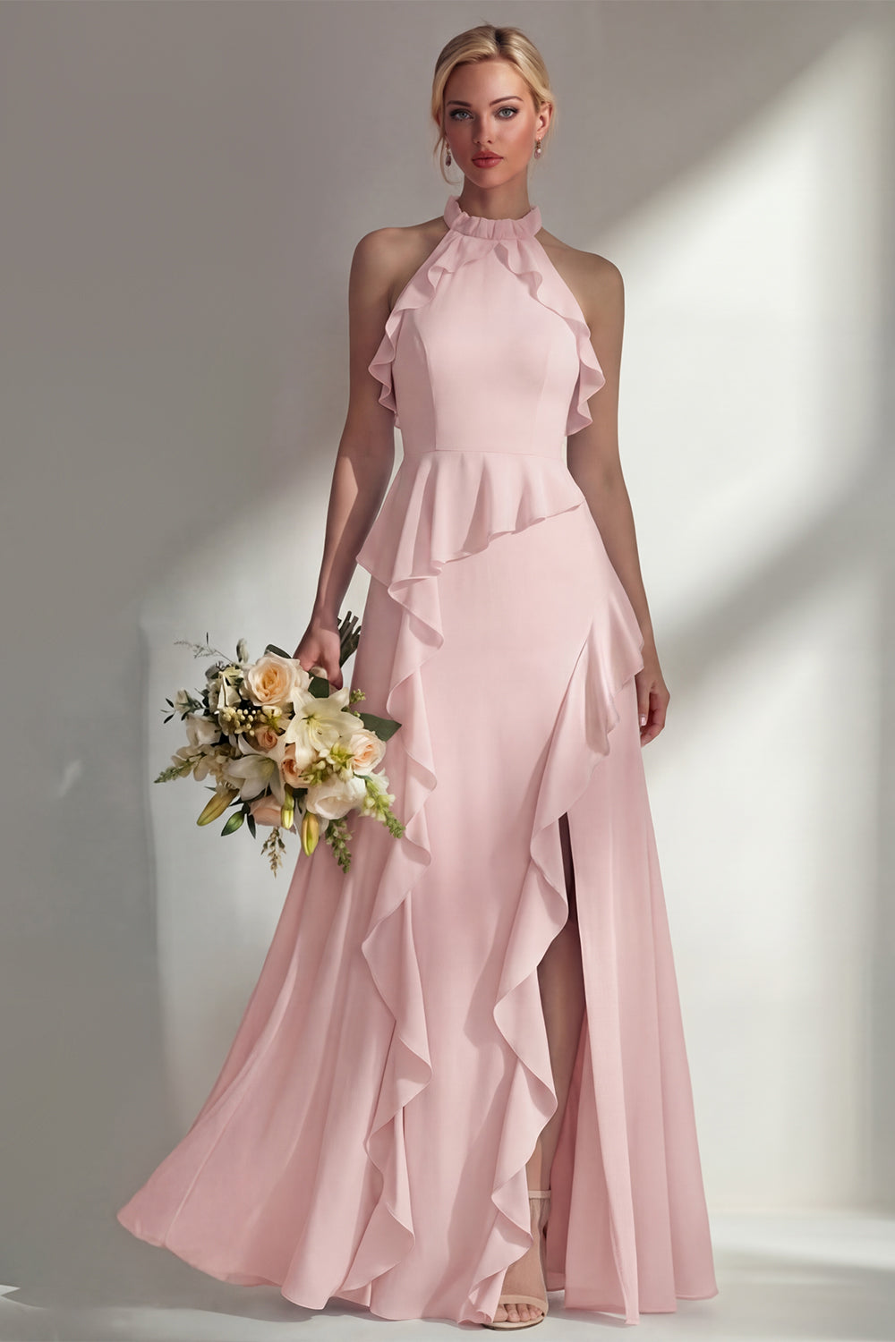 Butter Yellow Ruffled Halter Neck A Line Long Bridesmaid Dress with Slit