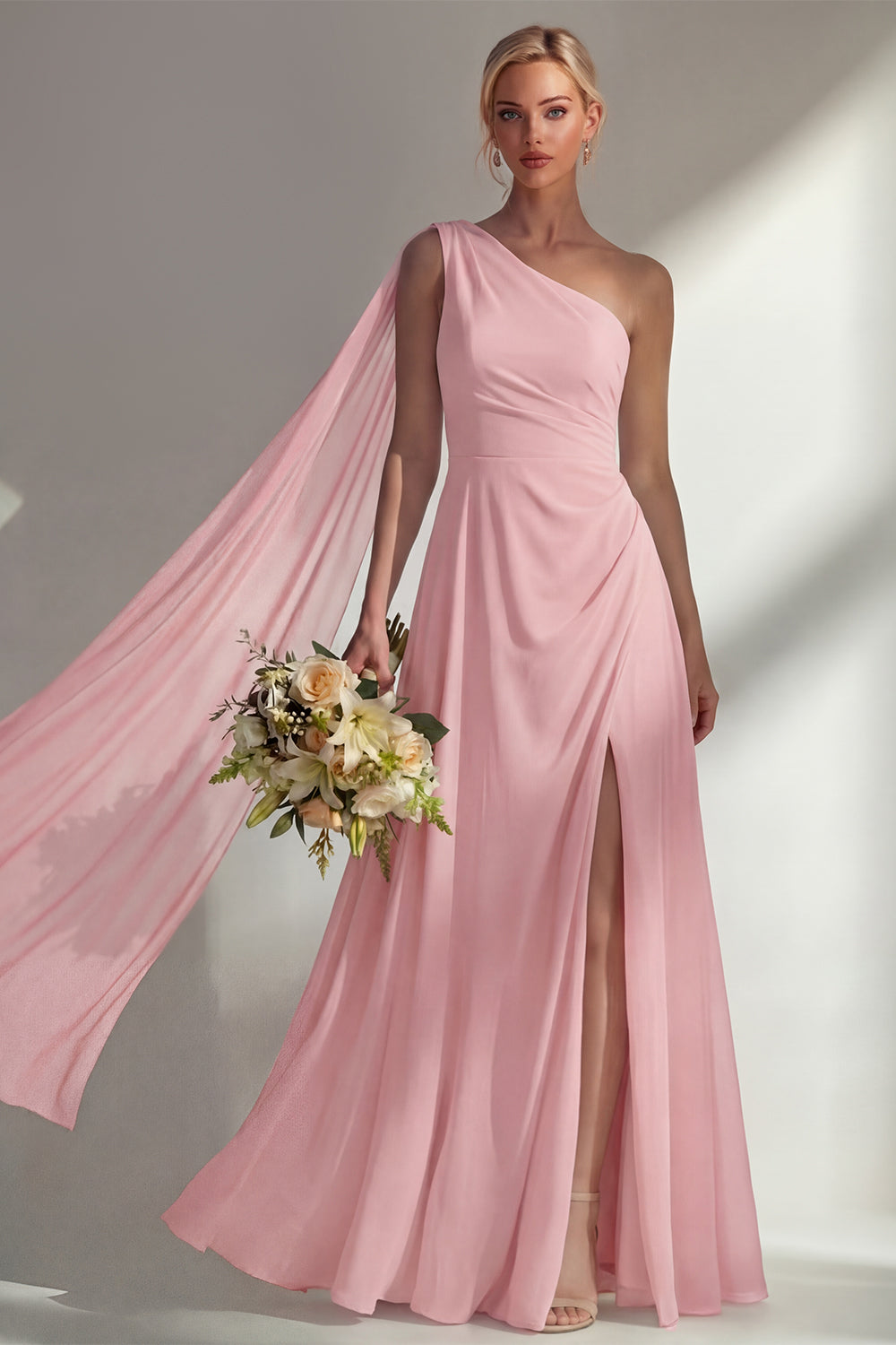 Burgundy One Shoulder Backless Ruched Long Bridesmaid Dress with Slit