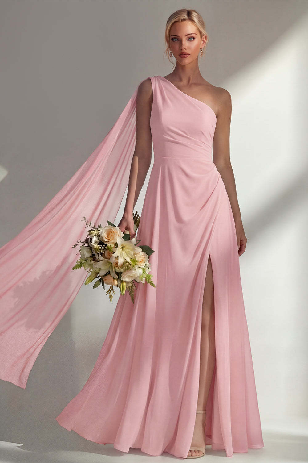 Burgundy One Shoulder Backless Ruched Long Bridesmaid Dress with Slit