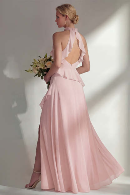 Butter Yellow Ruffled Halter Neck A Line Long Bridesmaid Dress with Slit