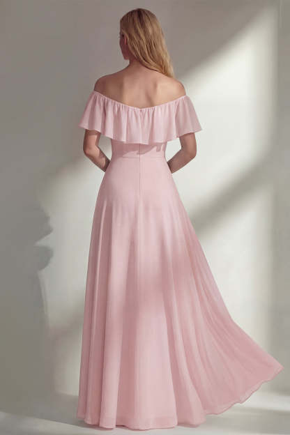 A Line Burgundy Ruffed Off the Shoulder Long Bridesmaid Dress with Slit