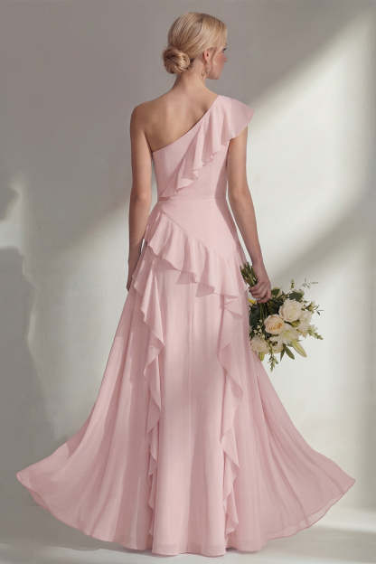 Emerald A Line Ruffled One Shoulder Long Bridesmaid Dress with Slit