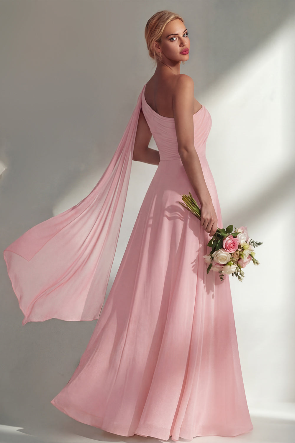 Burgundy One Shoulder Backless Ruched Long Bridesmaid Dress with Slit