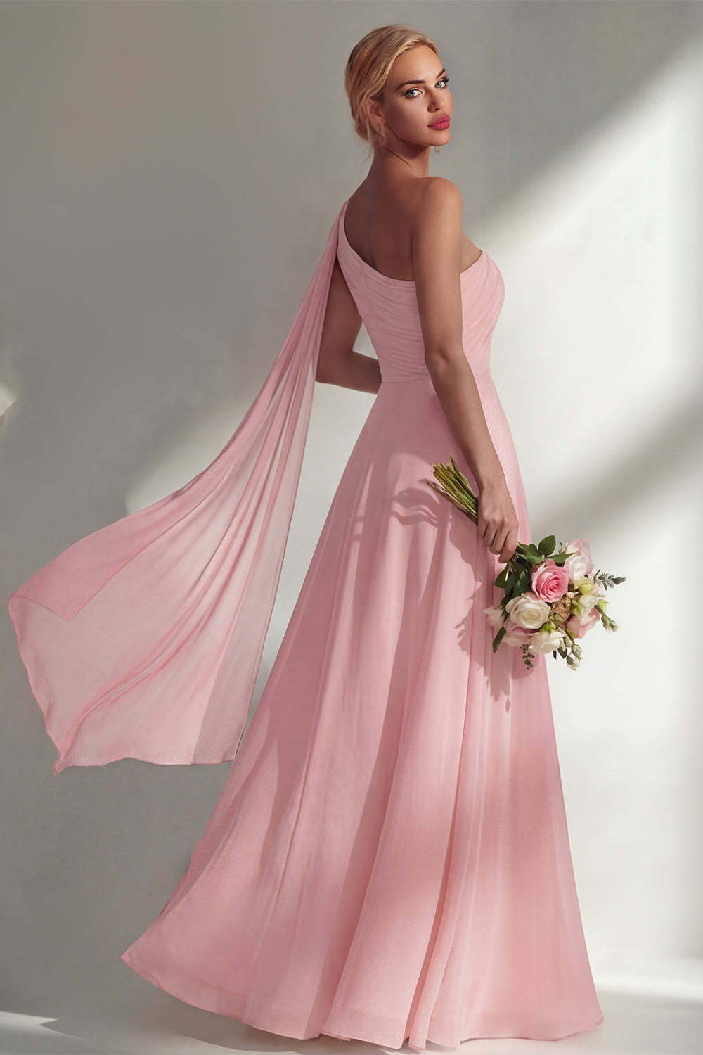 Burgundy One Shoulder Backless Ruched Long Bridesmaid Dress with Slit