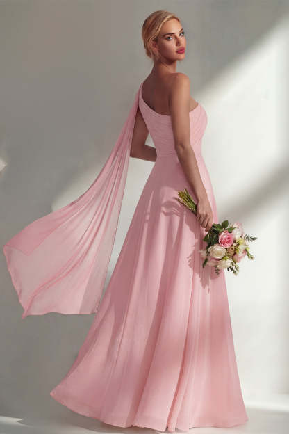 Burgundy One Shoulder Backless Ruched Long Bridesmaid Dress with Slit