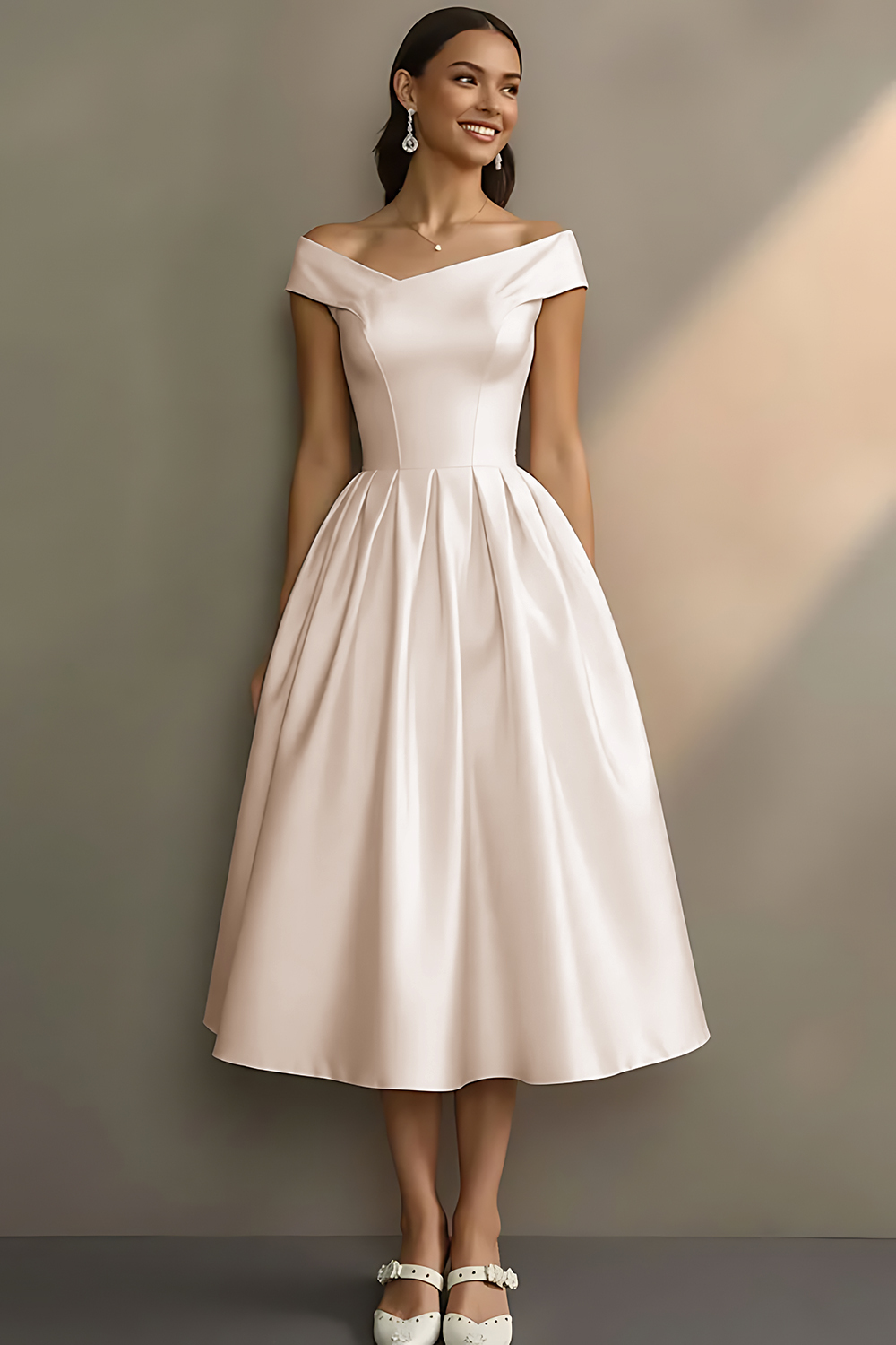 Simple White Off the Shoulder A Line Midi Engagement Dress