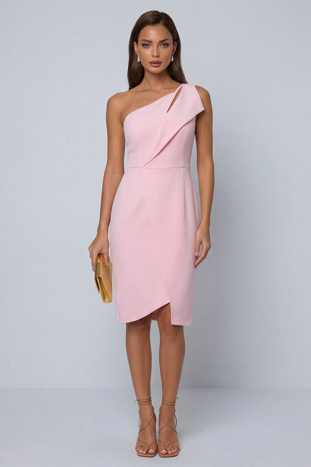 Black Sheath One Shoulder Sleeveless Midi Work Dress with Slit