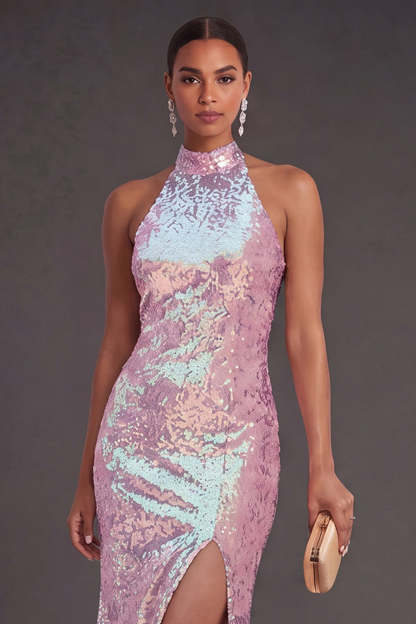 Sparkly Black Mermaid High Neck Sequins Long Formal Dress with Slit