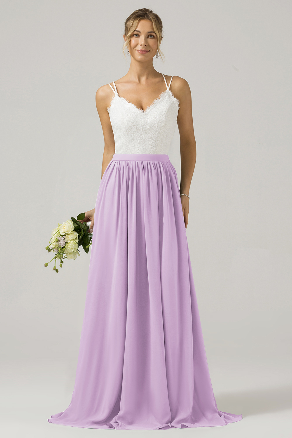 Eucalyptus A-Line Spaghetti Straps Pleated Long Bridesmaid Dress With Lace