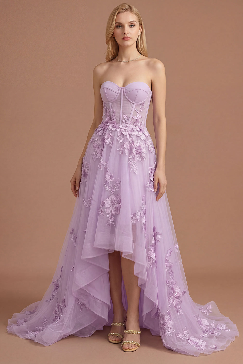 Yellow Floral Appliqued Corset A Line High Low Prom Dress