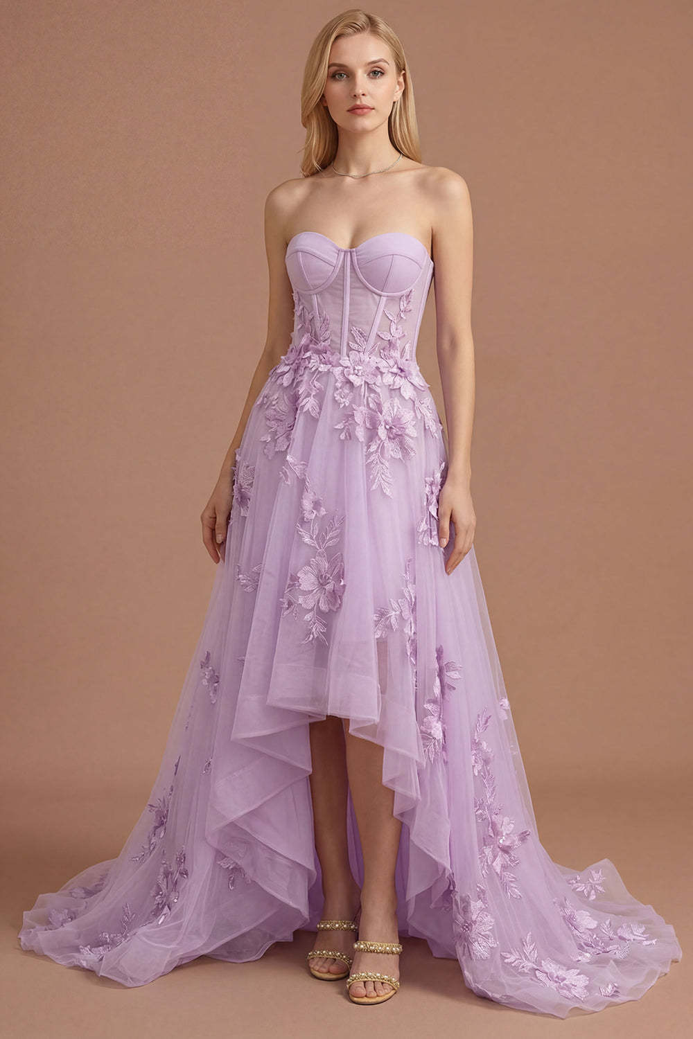 Yellow Floral Appliqued Corset A Line High Low Prom Dress