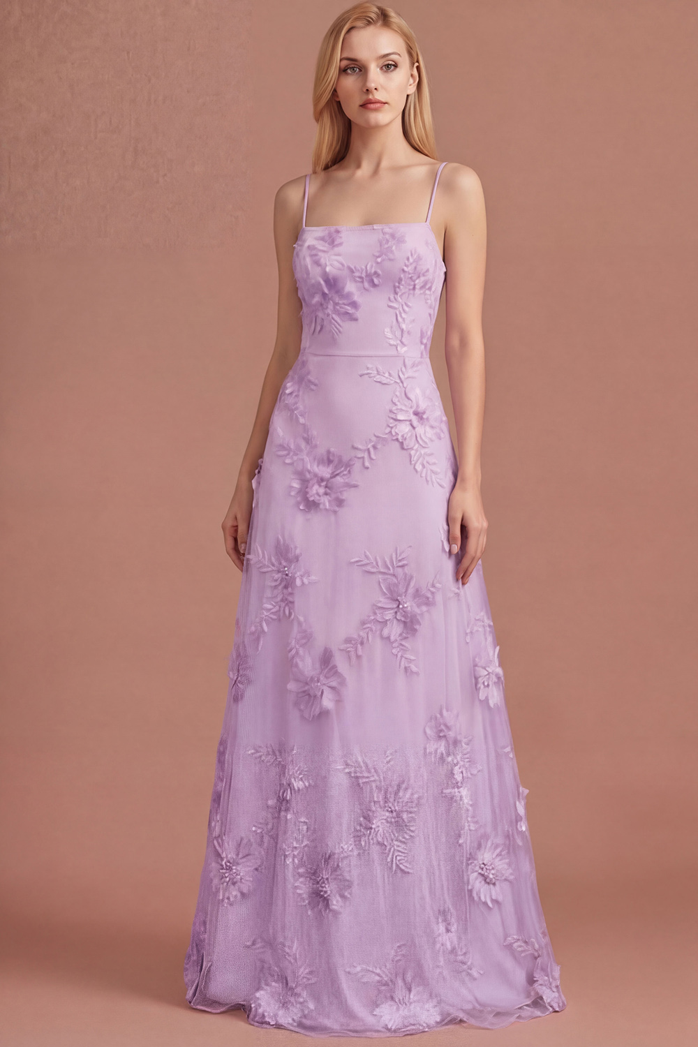 Yellow Floral Spaghetti Straps Appliqued Long Formal Dress