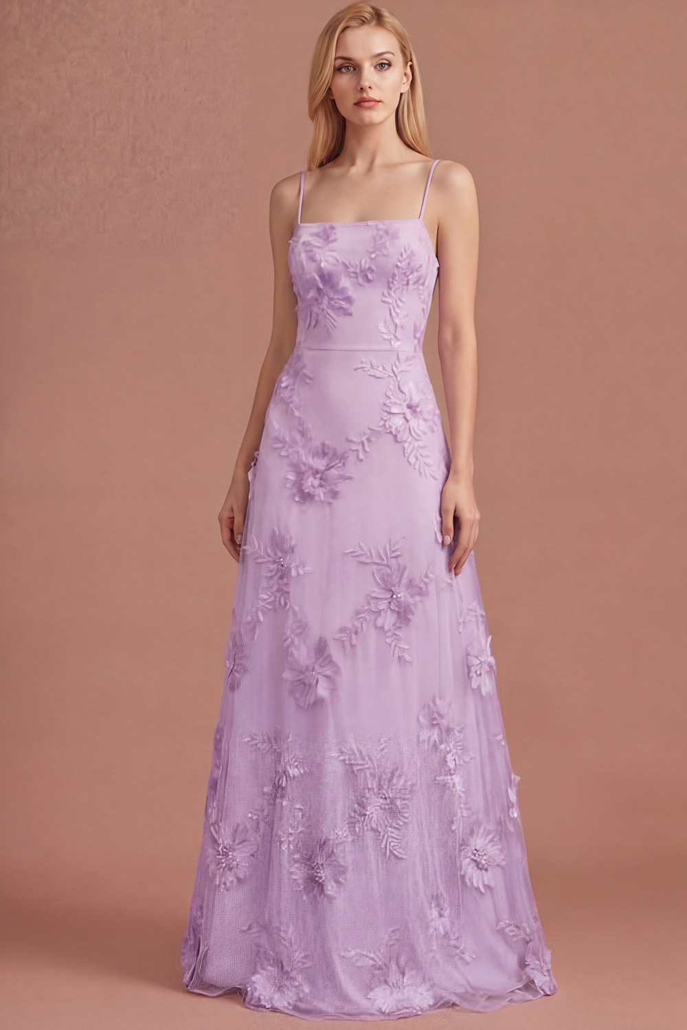 Yellow Floral Spaghetti Straps Appliqued Long Formal Dress