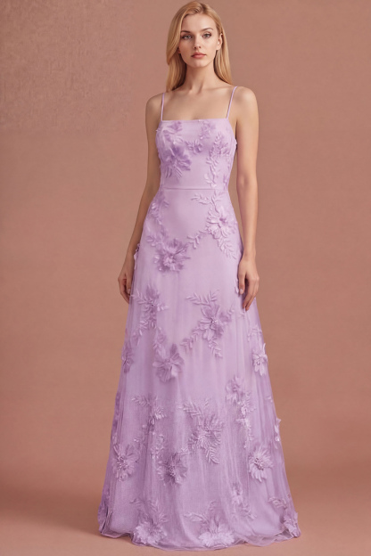 Yellow Floral Spaghetti Straps Appliqued Long Formal Dress