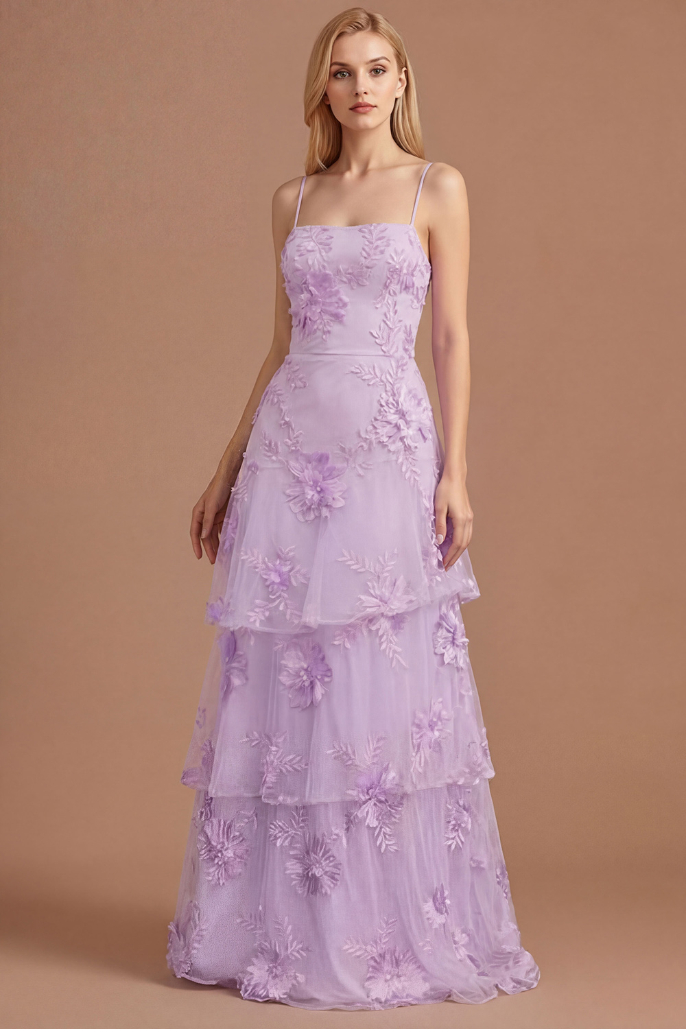 Yellow Floral Spaghetti Straps Appliqued Ruffled Tiered Long Formal Dress