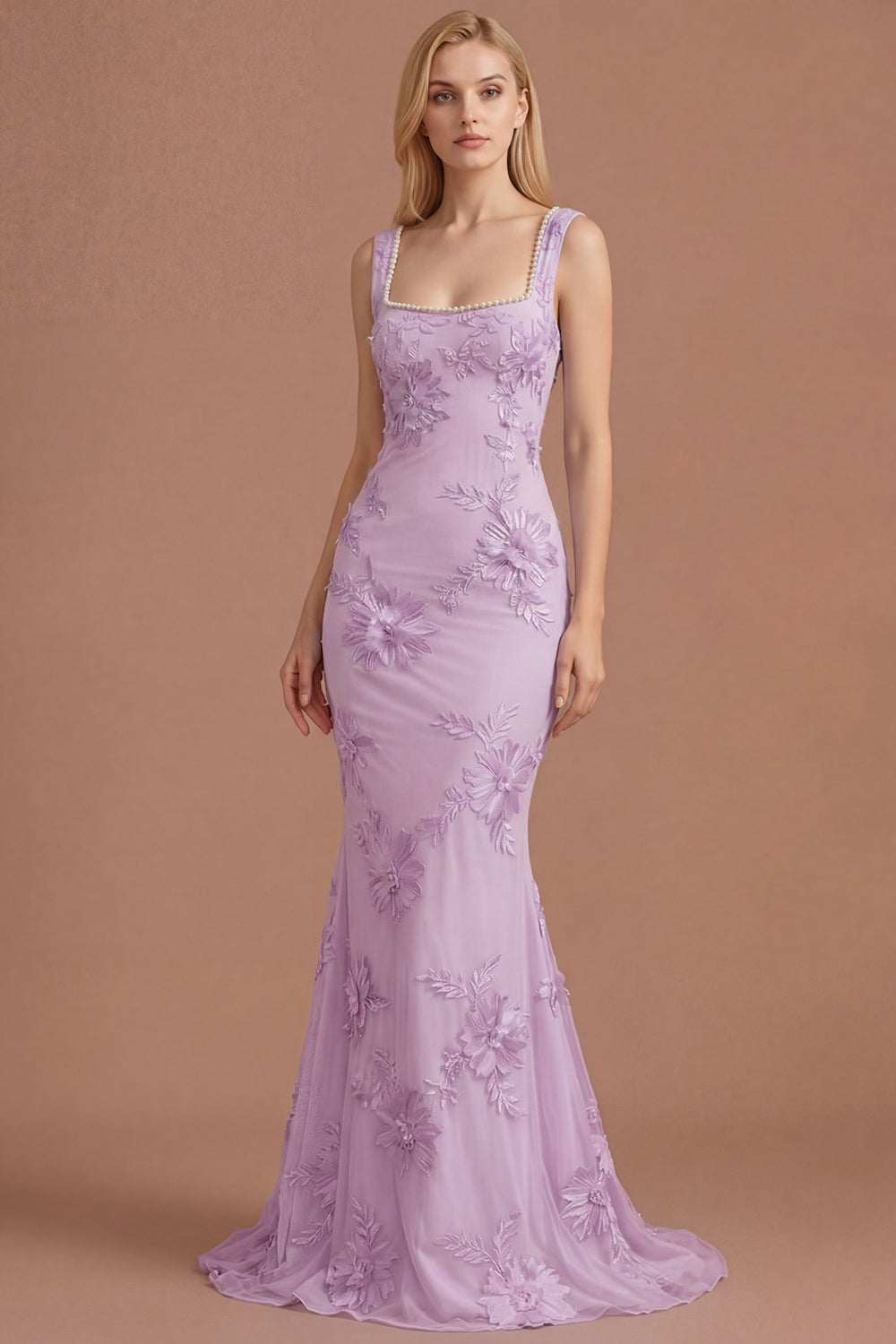 Yellow Beaded Floral Mermaid Appliqued Long Prom Dress