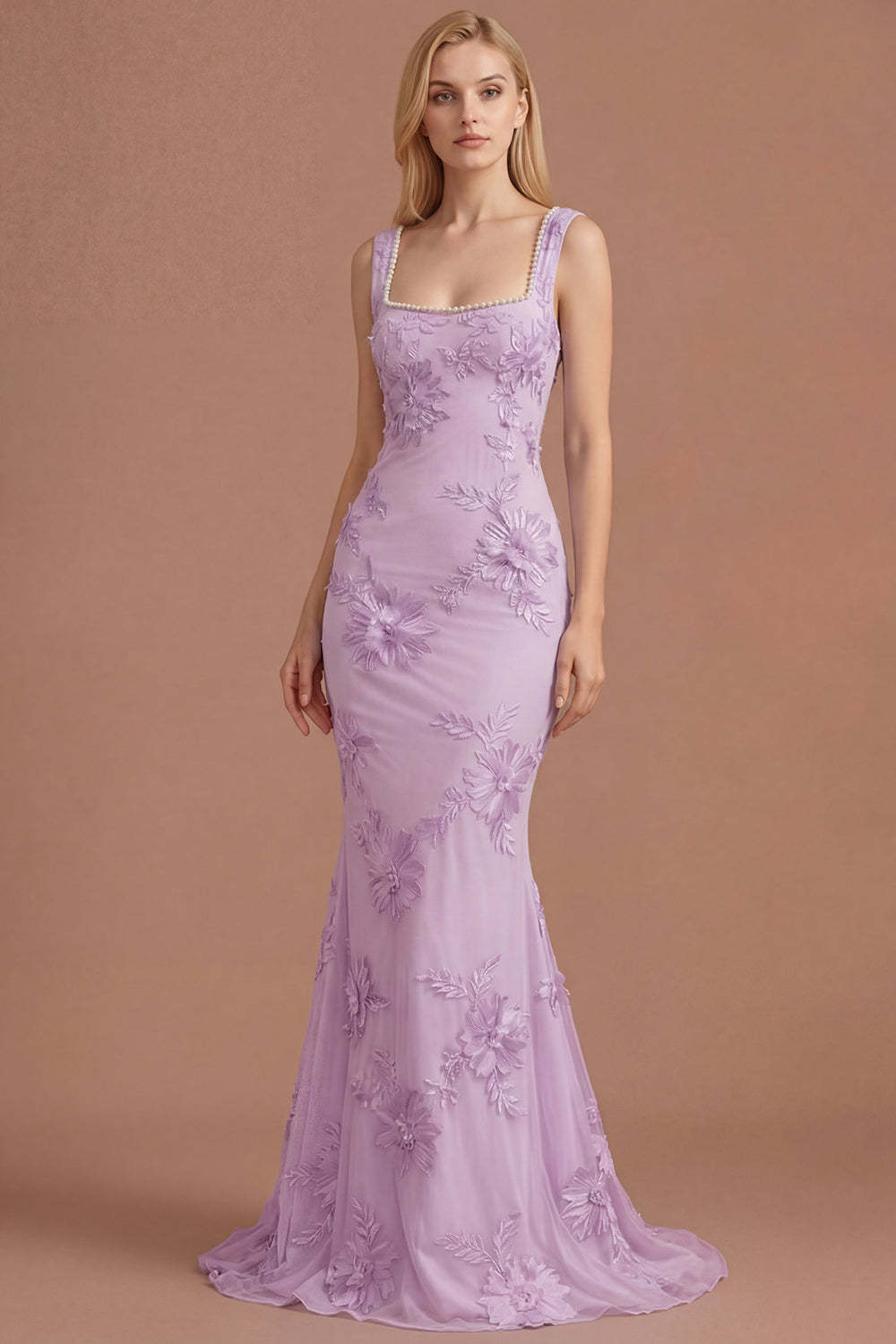 Yellow Beaded Floral Mermaid Appliqued Long Prom Dress