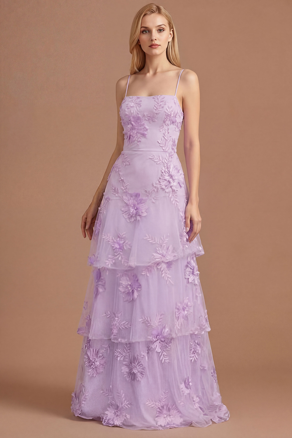 Yellow Floral Spaghetti Straps Appliqued Ruffled Tiered Long Formal Dress