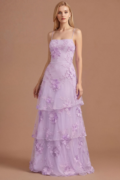 Yellow Floral Spaghetti Straps Appliqued Ruffled Tiered Long Formal Dress