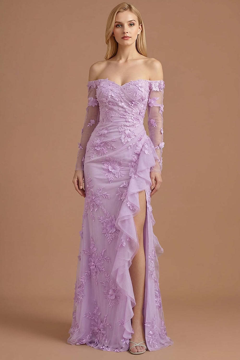 Yellow Floral Appliqued Off the Shoulder Ruffled Long Prom Dress with Slit