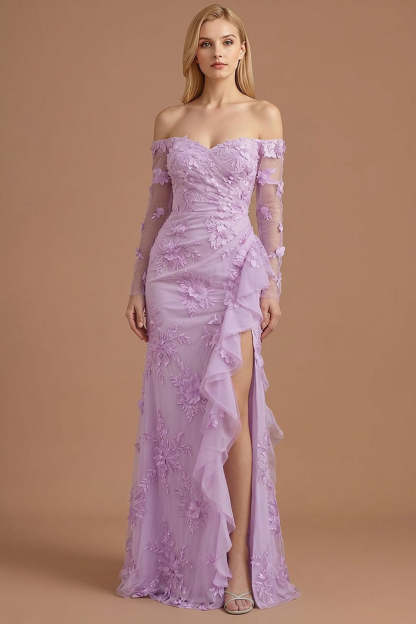 Yellow Floral Appliqued Off the Shoulder Ruffled Long Prom Dress with Slit