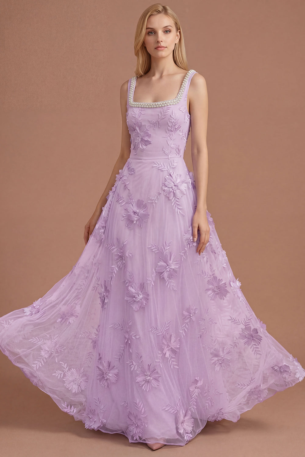 Sparkly Beaded Yellow A Line Square Neck Floral Appliqued Long Prom Dress