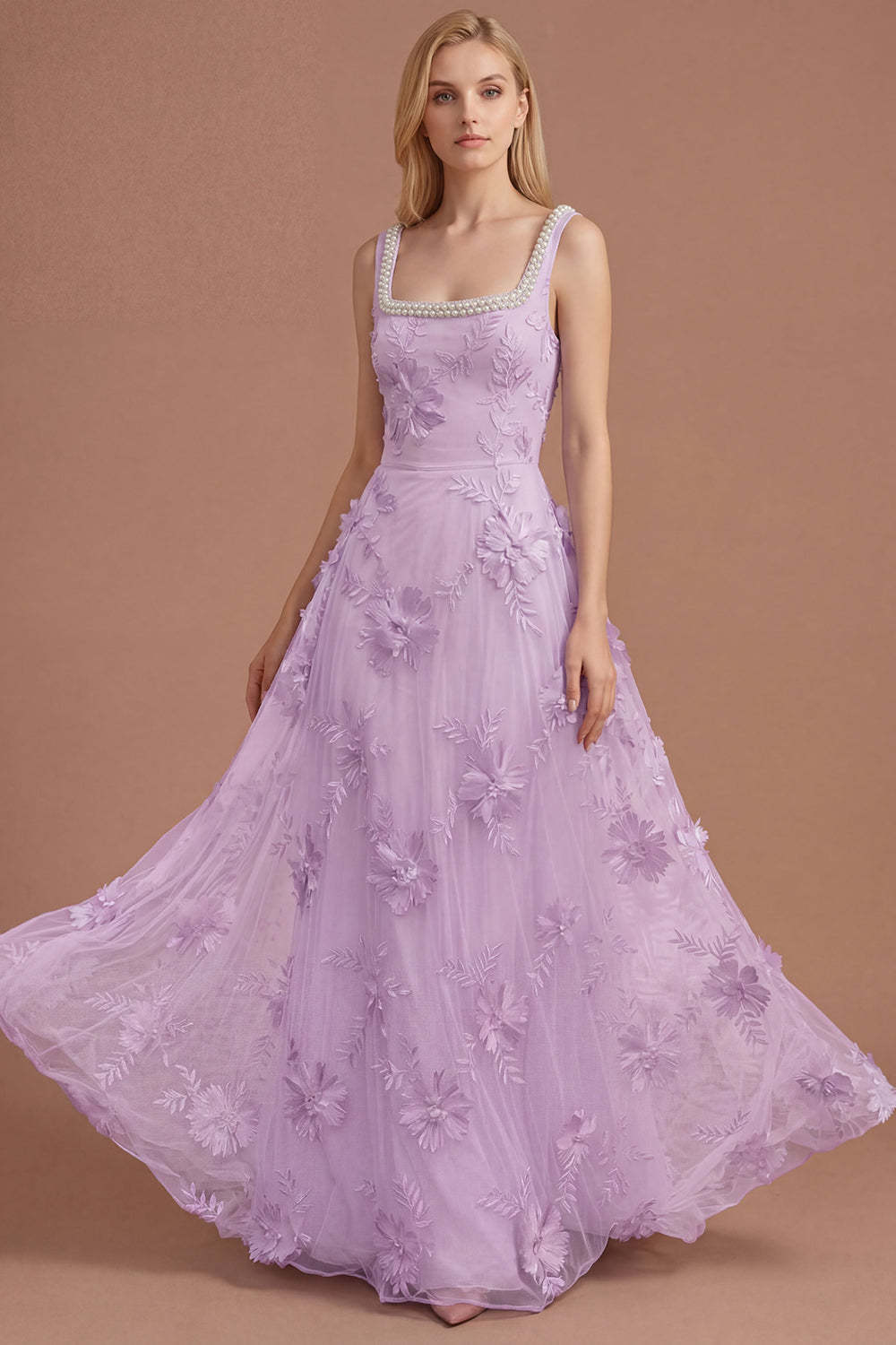 Sparkly Beaded Yellow A Line Square Neck Floral Appliqued Long Prom Dress