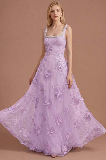 Sparkly Beaded Yellow A Line Square Neck Floral Appliqued Long Prom Dress