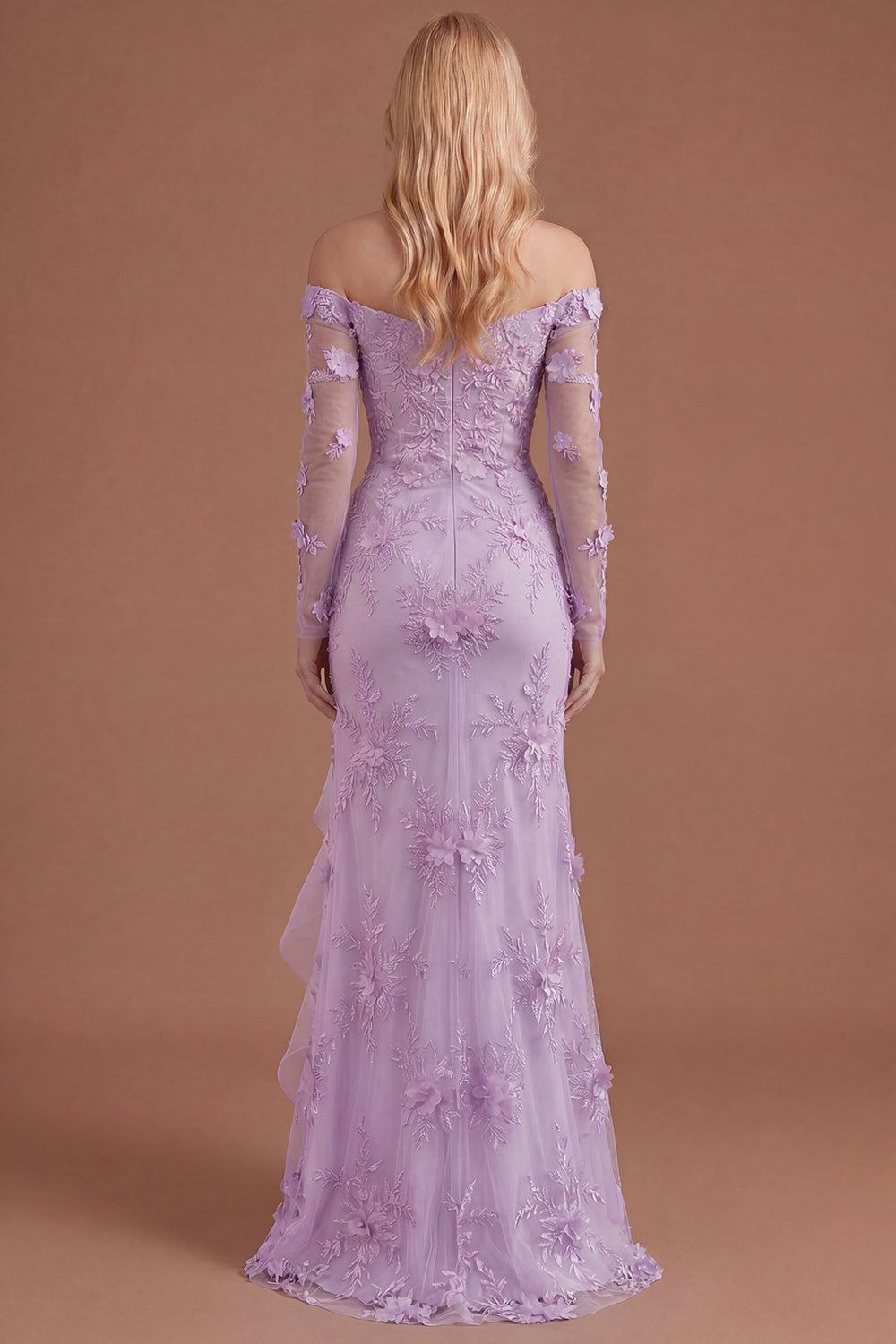 Yellow Floral Appliqued Off the Shoulder Ruffled Long Prom Dress with Slit