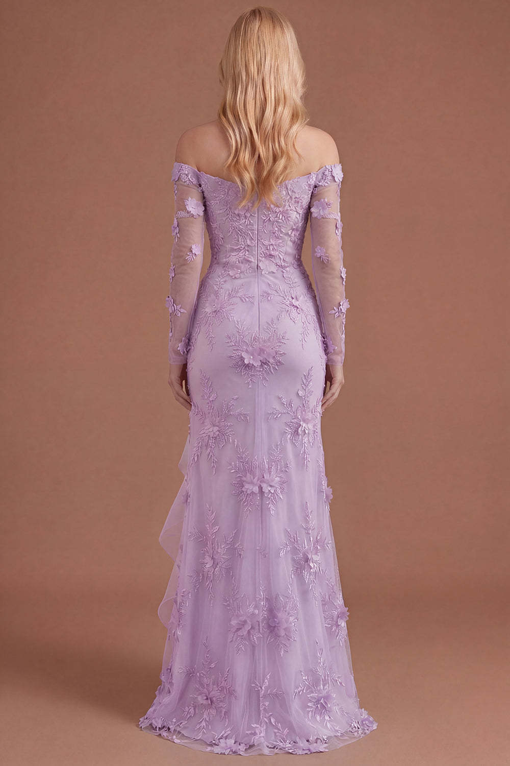 Yellow Floral Appliqued Off the Shoulder Ruffled Long Prom Dress with Slit