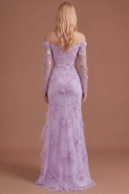 Yellow Floral Appliqued Off the Shoulder Ruffled Long Prom Dress with Slit