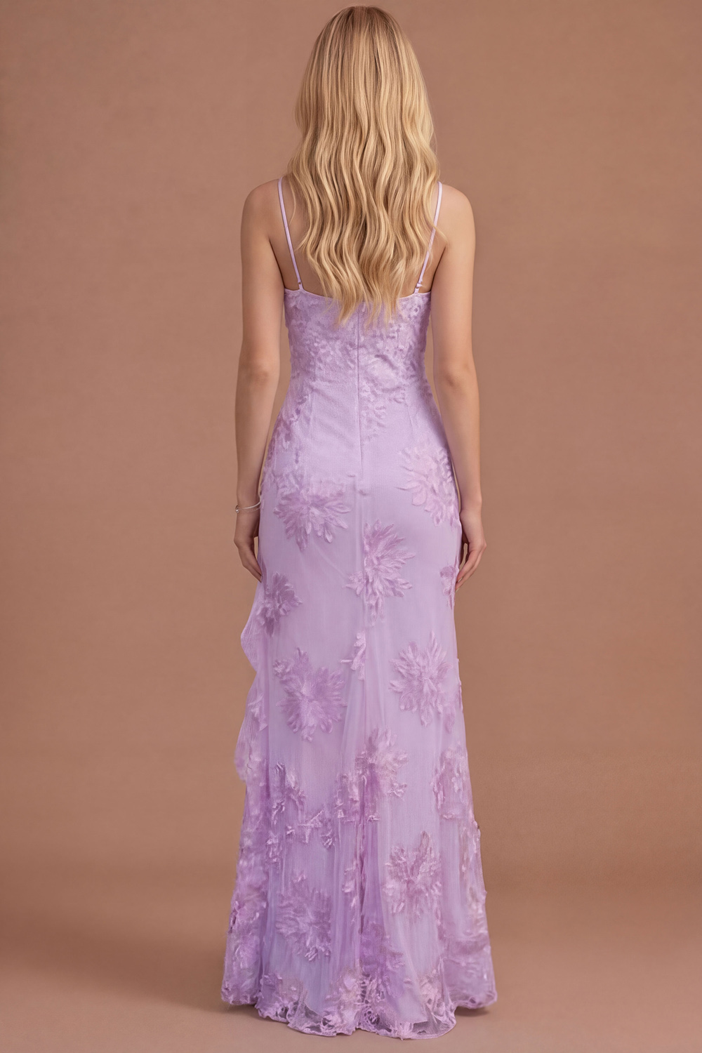 Yellow Mermaid Floral Spaghetti Straps Ruffled Long Formal Dress with Slit