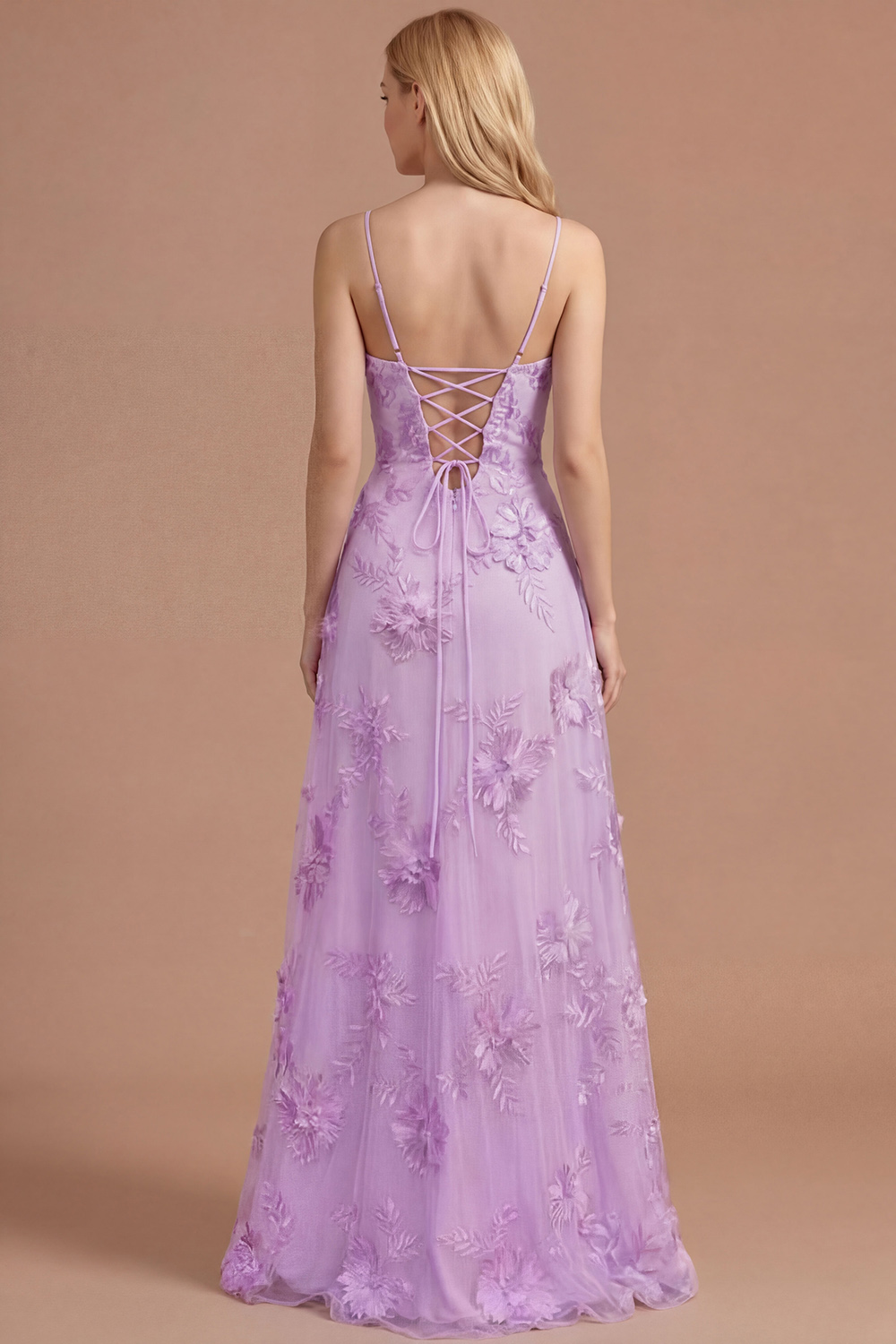 Yellow Floral Spaghetti Straps Appliqued Long Formal Dress