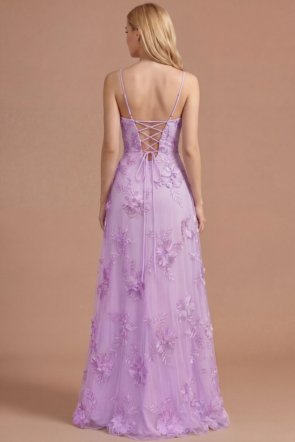 Yellow Floral Spaghetti Straps Appliqued Long Formal Dress