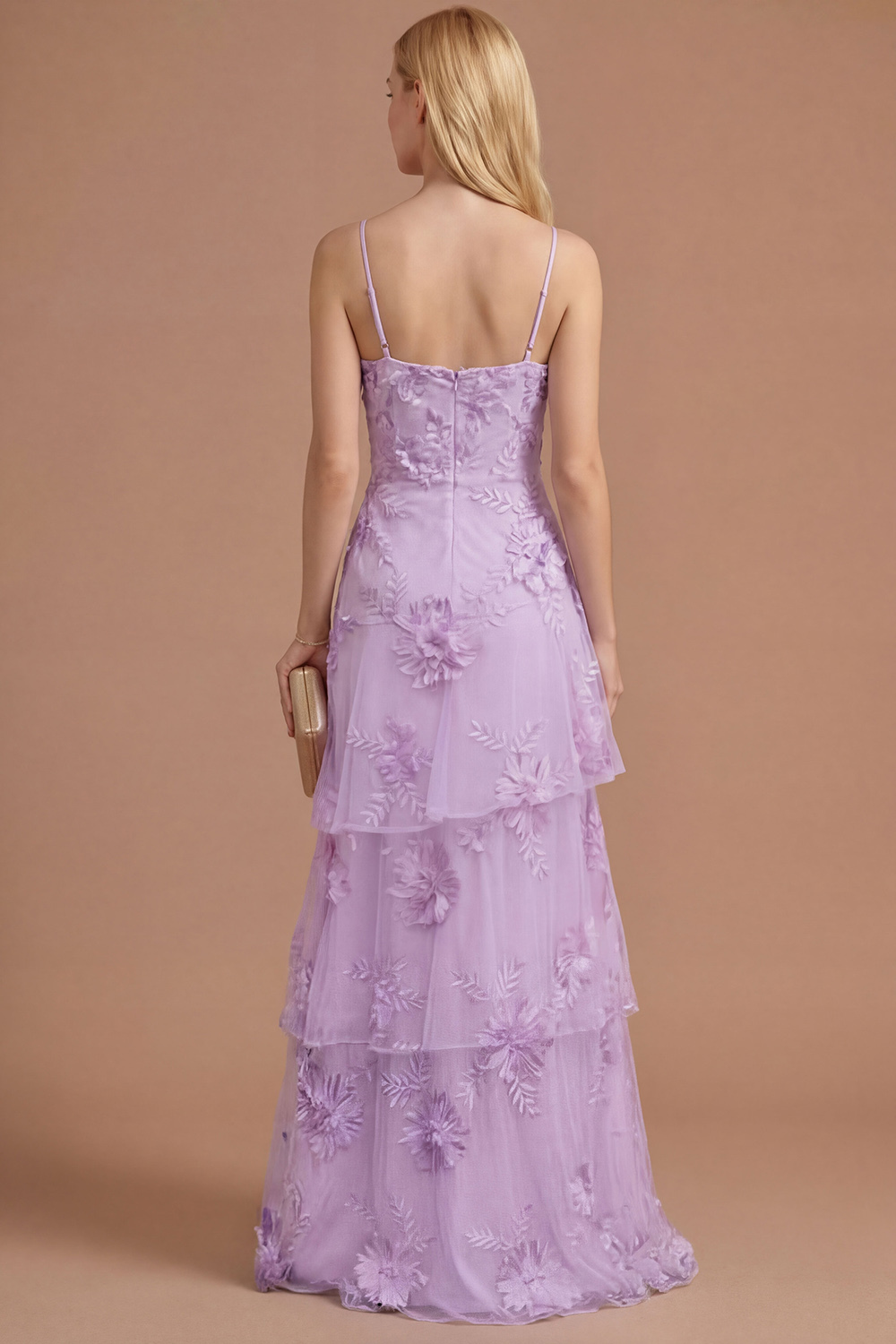 Yellow Floral Spaghetti Straps Appliqued Ruffled Tiered Long Formal Dress