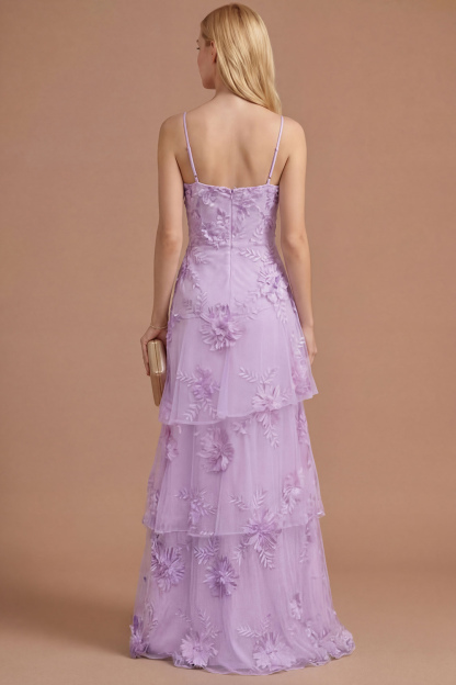 Yellow Floral Spaghetti Straps Appliqued Ruffled Tiered Long Formal Dress