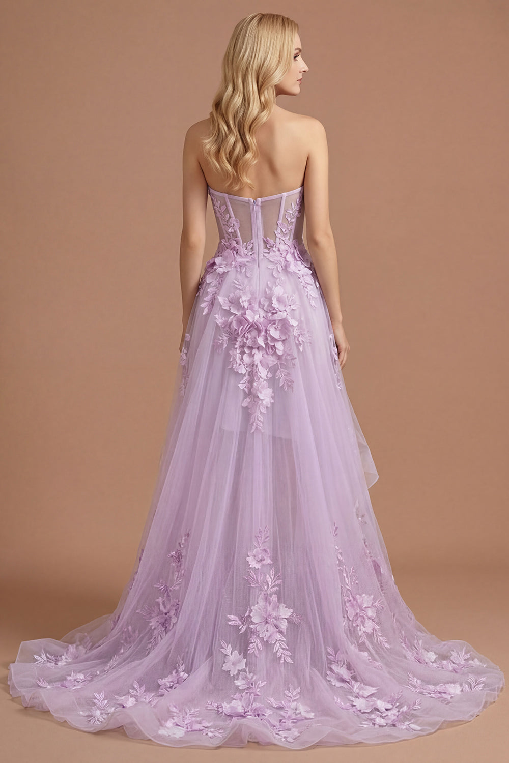 Yellow Floral Appliqued Corset A Line High Low Prom Dress