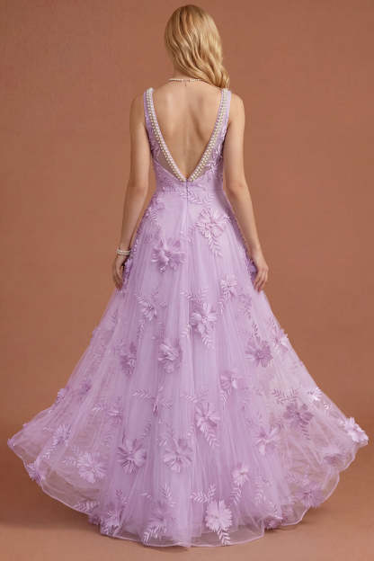 Sparkly Beaded Yellow A Line Square Neck Floral Appliqued Long Prom Dress