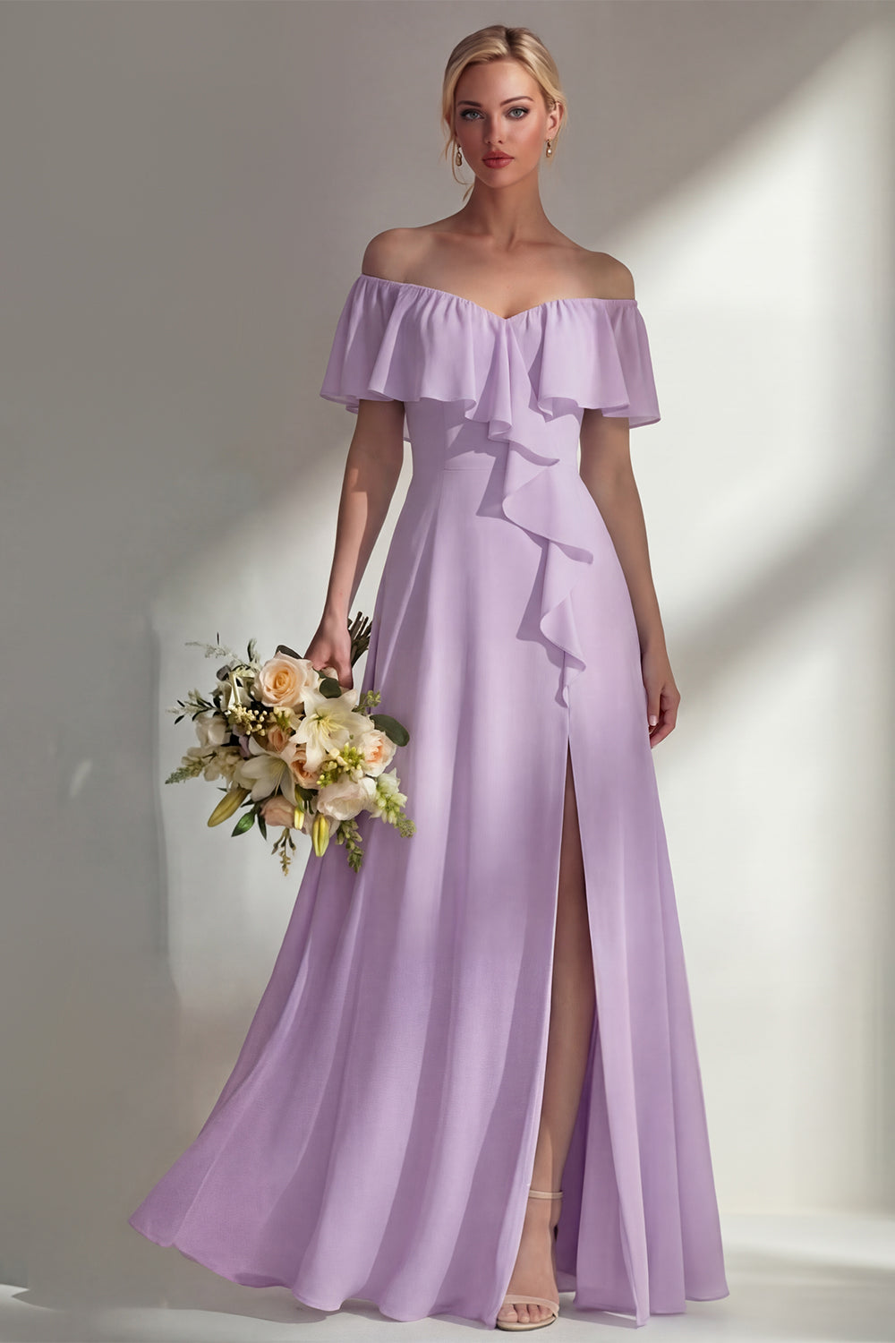 A Line Burgundy Ruffed Off the Shoulder Long Bridesmaid Dress with Slit