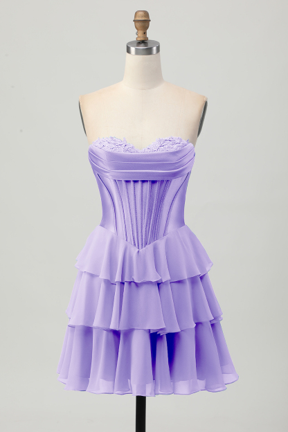 Yellow Sweetheart Corset Short Tiered Homecoming Dress with Appliques