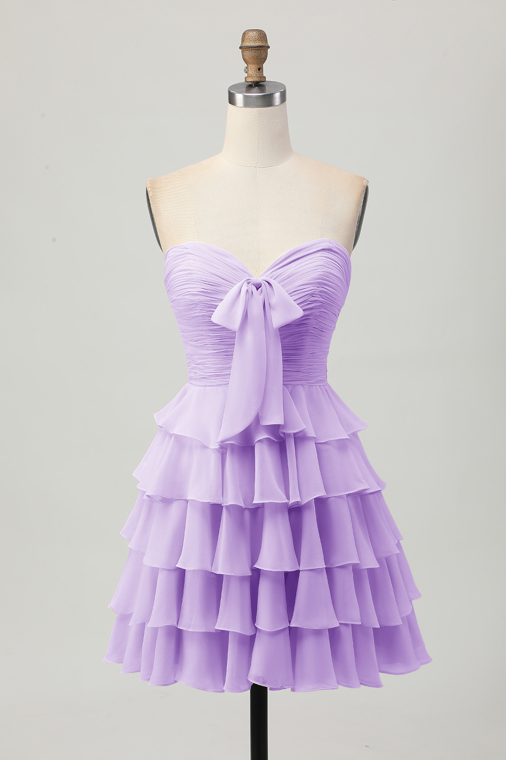 Short Light Yellow Sweetheart Ruffled A Line Tiered Homecoming Dress with Bow