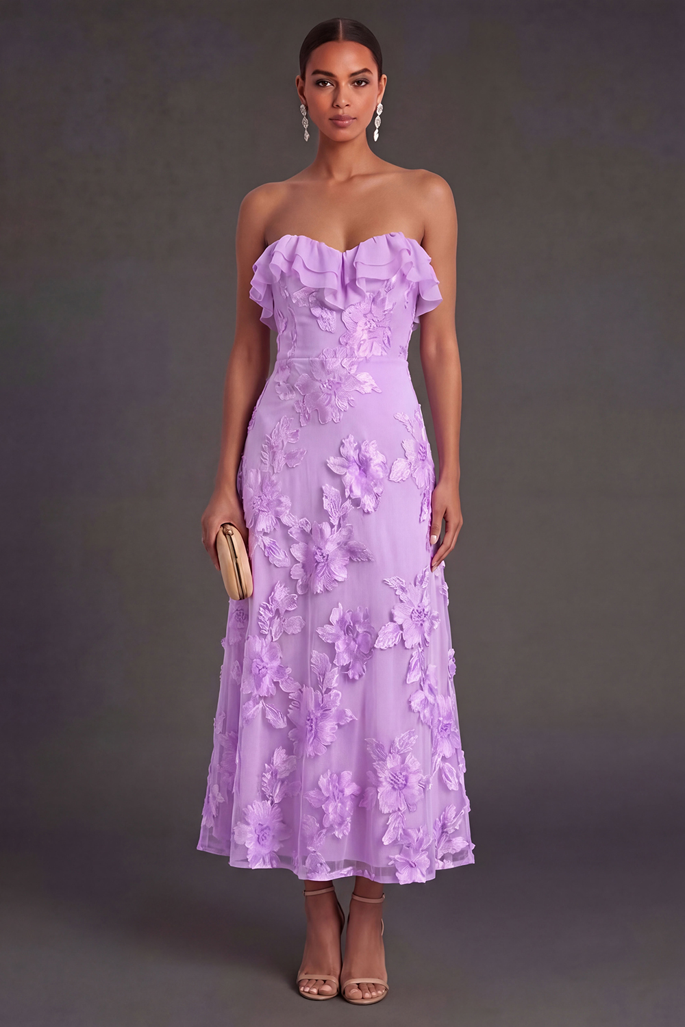 Light Blue A Line Floral Strapless Long Wedding Guest Dress