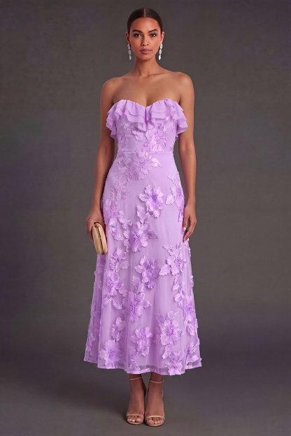 Light Blue A Line Floral Strapless Long Wedding Guest Dress
