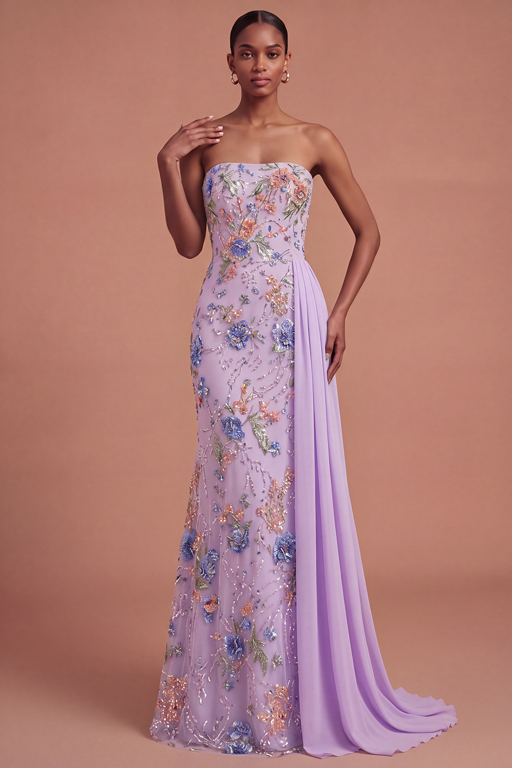 Pink Floral Sparkly Long Prom Dress with Cape