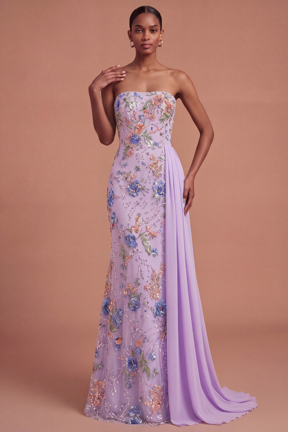 Pink Floral Sparkly Long Prom Dress with Cape