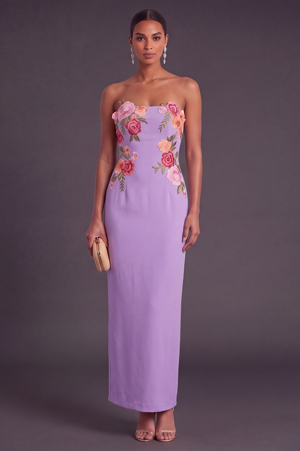 Light Yellow Floral Sheath Strapless Long Wedding Guest Dress