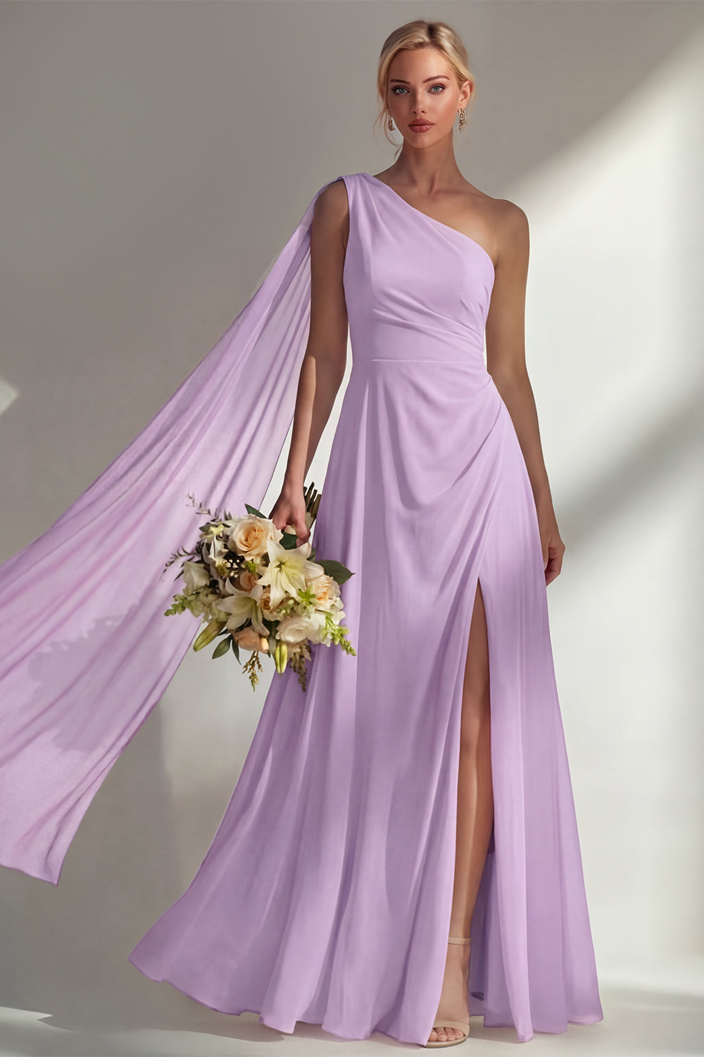 Burgundy One Shoulder Backless Ruched Long Bridesmaid Dress with Slit