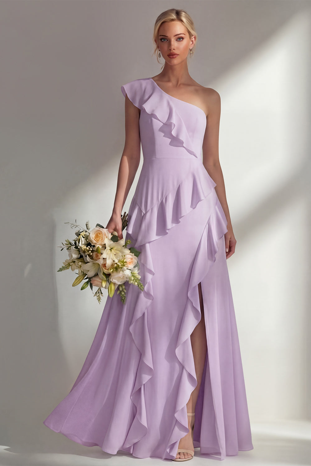 Emerald A Line Ruffled One Shoulder Long Bridesmaid Dress with Slit
