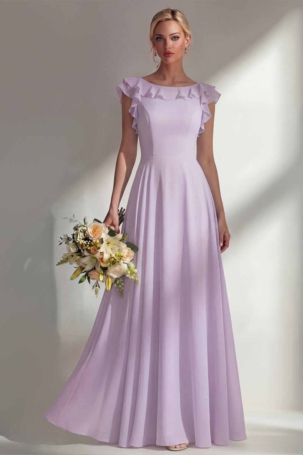 A Line Round Neck Ruffled Dusty Blue Long Bridesmaid Dress
